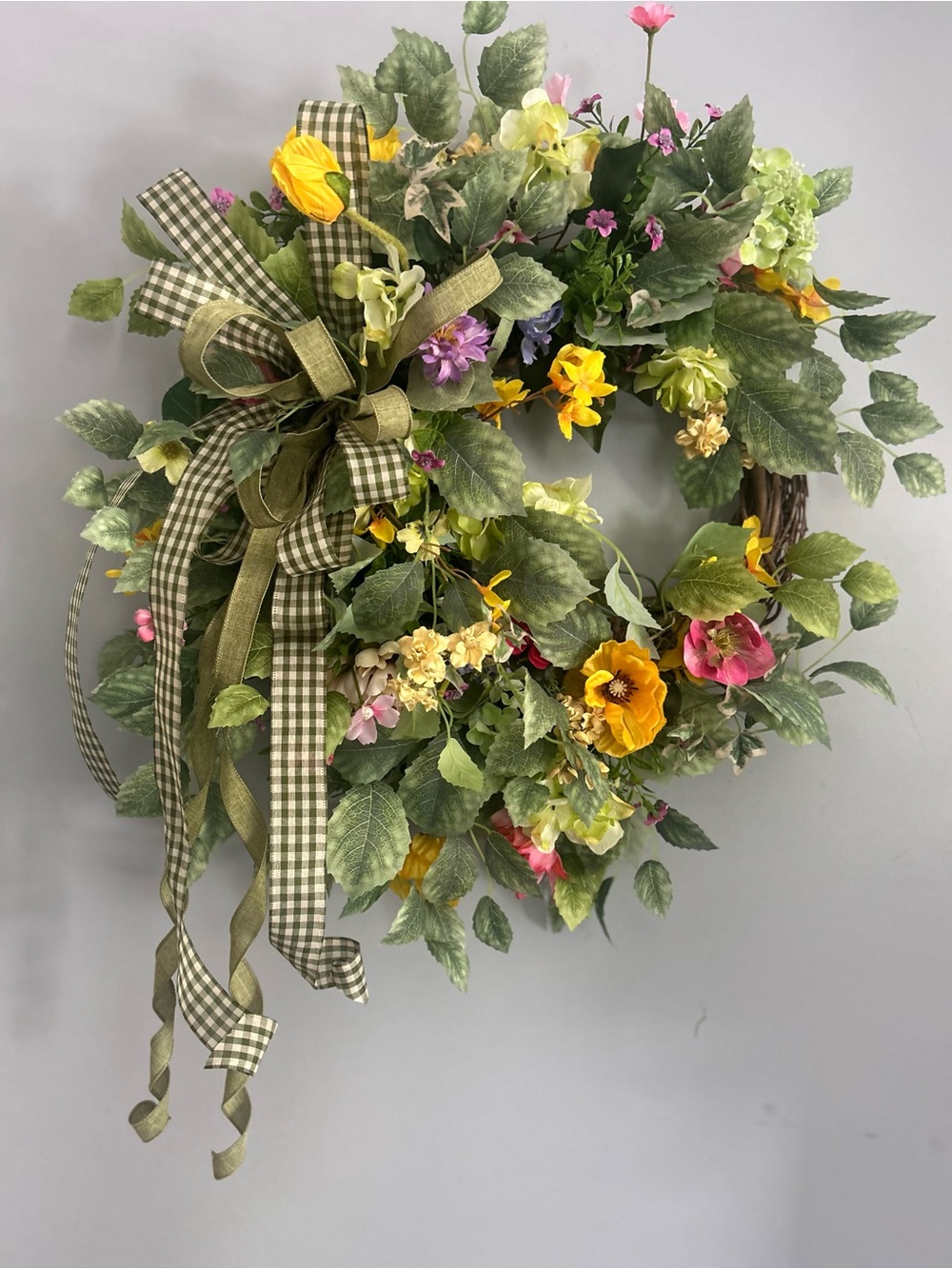 Summer wildflower wreath gingham bow wreath front door wreath grapevine wreath